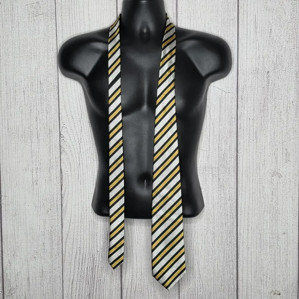 Ben Silver Pure English Silk Regimental Stripe Tie Silver Black Gold 61.5